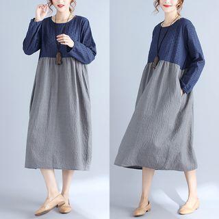 Color Block Long-sleeve Midi Dress