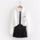 Set: Neck Tie Shirt + Pleated Skirt Shirt - White - One Size / Skirt - Black - One Size