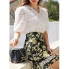 Puff-sleeve Flower-lace Top Ivory - One Size