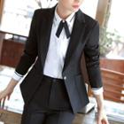 Mini Pencil Skirt/ Contrast Trim Bow-accent Long-sleeve Shirt/ Slim Fit Blazer/ Dress Pants