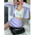 Plain Cropped Cardigan / Sleeveless Tie-front Cropped Camisole Top / High-waist Plain Mini Skirt