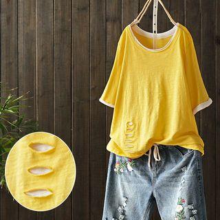 Mock Two-piece Elbow-sleeve Ripped Top