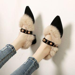 Furry Trim Pointy Toe Studded Pumps