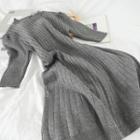 Elbow-sleeve Ribbed Knit Dress Gray - One Size