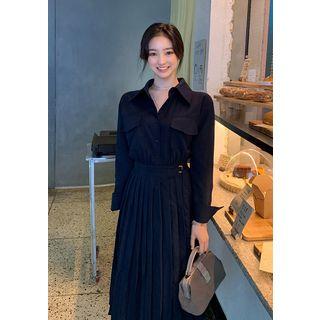 Belted Pleated Long Shirtwaist Dress