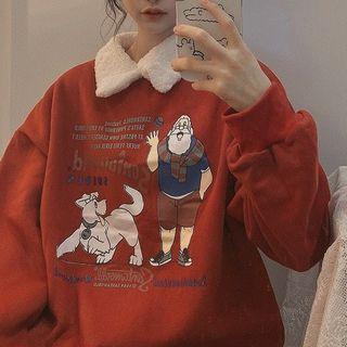 Fleece Collar Print Sweatshirt Red - One Size