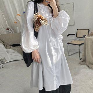 Puff-sleeve Plain Midi Shirtdress White - One Size
