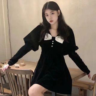 Lantern-sleeve Bow-accent Velvet Mini Dress