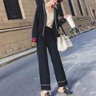 Set: Heart Print Contrast Trim Cardigan + Wide Leg Knit Pants Set - Cardigan - Black - One Size / Knit Pants - Black - One Size