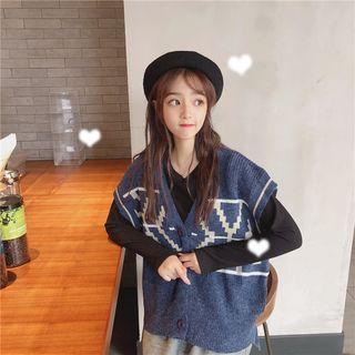 Plain Long-sleeve Top / Print Buttoned Knit Vest