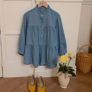 Frill-neck Tiered Denim Blouse