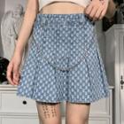 Chained Dotted Pleated Mini A-line Denim Skirt