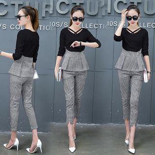 Set: Plaid Panel 3/4 Sleeve Peplum Top + Cropped Skinny Pants