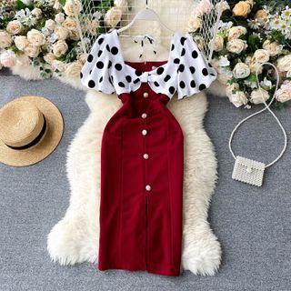 Short-sleeve Dotted Panel Sheath Dress