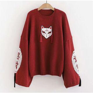 Embroidered Printed Flared-sleeve Sweater Red - One Size