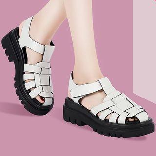 Platform Faux-leather Velcro Woven Sandals