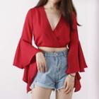 Bell-sleeve Wrapped Chiffon Crop Top