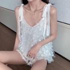 V-neck Tie-shoulder Furry Sleeveless Top White - One Size