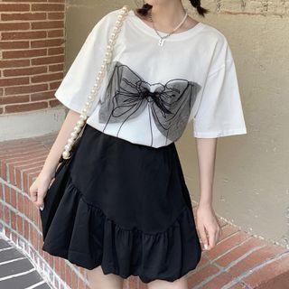 Elbow-sleeve Mesh Bow T-shirt / Mini Skirt