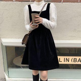 Long-sleeve Mock-neck Mesh Top / A-line Overall Dress