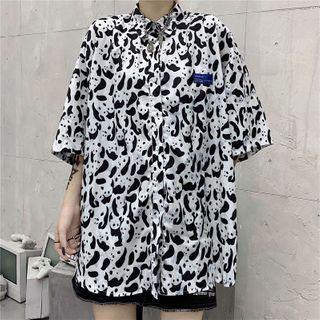 Cartoon Patterned Short-sleeve Button-down Shirt