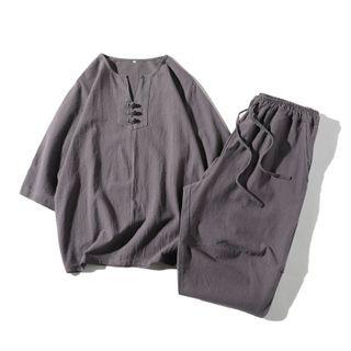 Set: 3/4 Sleeve Frog-buttoned Linen Top + Capri Pants