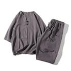 Set: 3/4 Sleeve Frog-buttoned Linen Top + Capri Pants