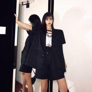 Set: Short-sleeve Single-breasted Blazer + Drawstring-waist Wide-leg Shorts