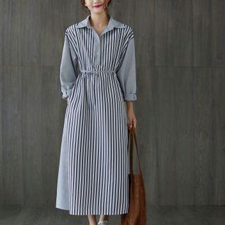 Long-sleeve Polo-neck Striped Panel Maxi A-line Dress