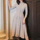 3/4-sleeve Peter Pan Collar Buttoned A-line Dress