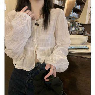 Lantern-sleeve Plain Shirred Blouse