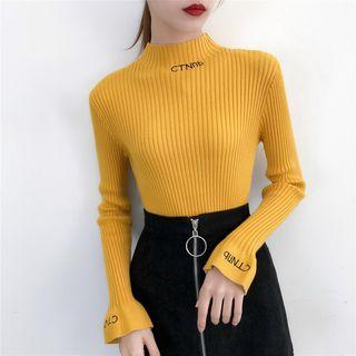 Mock Turtleneck Lettering Ribbed Knit Top