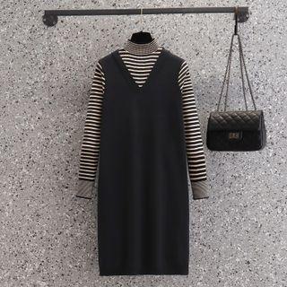 Mock Two-piece Mock-neck Striped Panel Knit Midi Dress