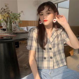 Short-sleeve Double Breasted Plaid Shirt
