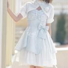 Short-sleeve Lace Crop Top / Spaghetti Strap Bow Accent Mini A-line Dress