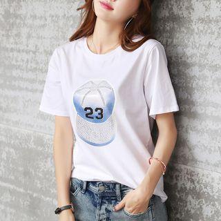 Short-sleeve Printed Rhinestone T-shirt