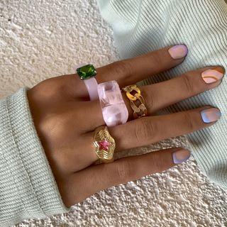 Set: Star / Faux Crystal / Chain Acrylic Ring 2395 - Gold & Pink - One Size