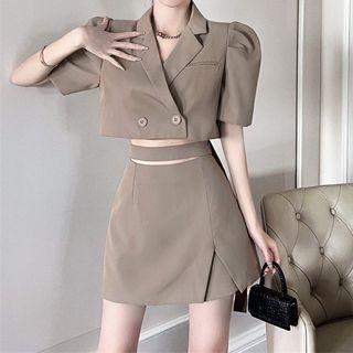 Set: Short-sleeve Double-breasted Cropped Blazer + Slit Skort