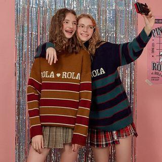 High-neck Letter Striped Sweater Camel - One Size