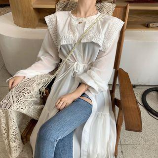 Long-sleeve Peter Pan Collar Drawstring Waist Shirt Dress White - One Size