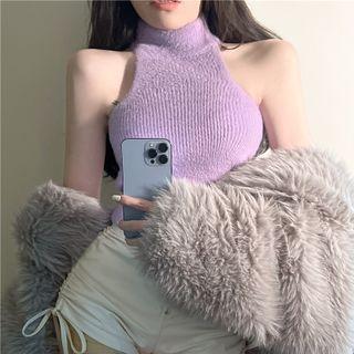 Mock-neck Plain Woolen Cropped Tank Top