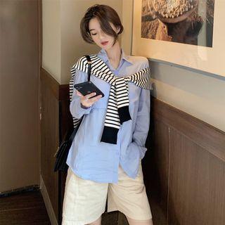 Plain Loose-fit Long-sleeve Shirt / Striped Cape