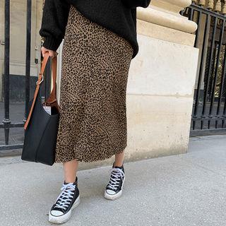 Band-waist Maxi Leopard Skirt Beige - One Size