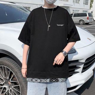 Mock Two Piece Elbow-sleeve Letter Print T-shirt