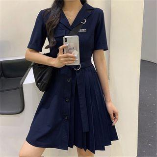 Short-sleeve Pleated A-line Mini Shirtdress