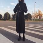 Turtleneck Knit Midi A-line Dress With Belt With Belt - Black - One Size