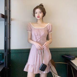 Short-sleeve Lace-up A-line Dress Light Purple - One Size