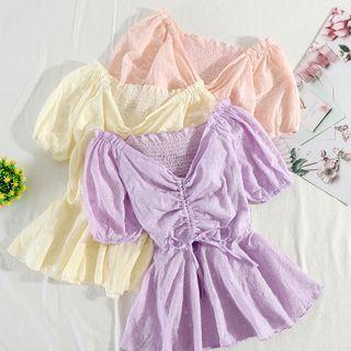 Drawstring Puff-sleeve Peplum Blouse