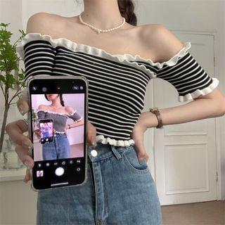 Off Shoulder Frilled Striped Crop Top Stripes - Black & White - One Size