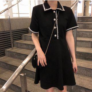 Faux Pearl Trim Short-sleeve Shirtdress